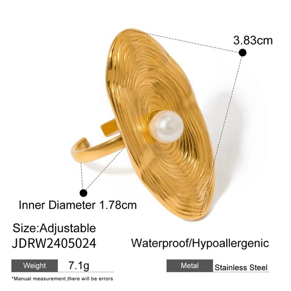 18K Gold Plated Adjustable Textured Oval Ring - Picture 6 of 7